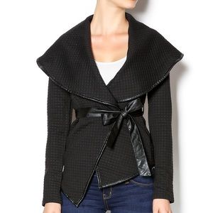 Xtaren Black Collared Leather Trim Wrap Sweater